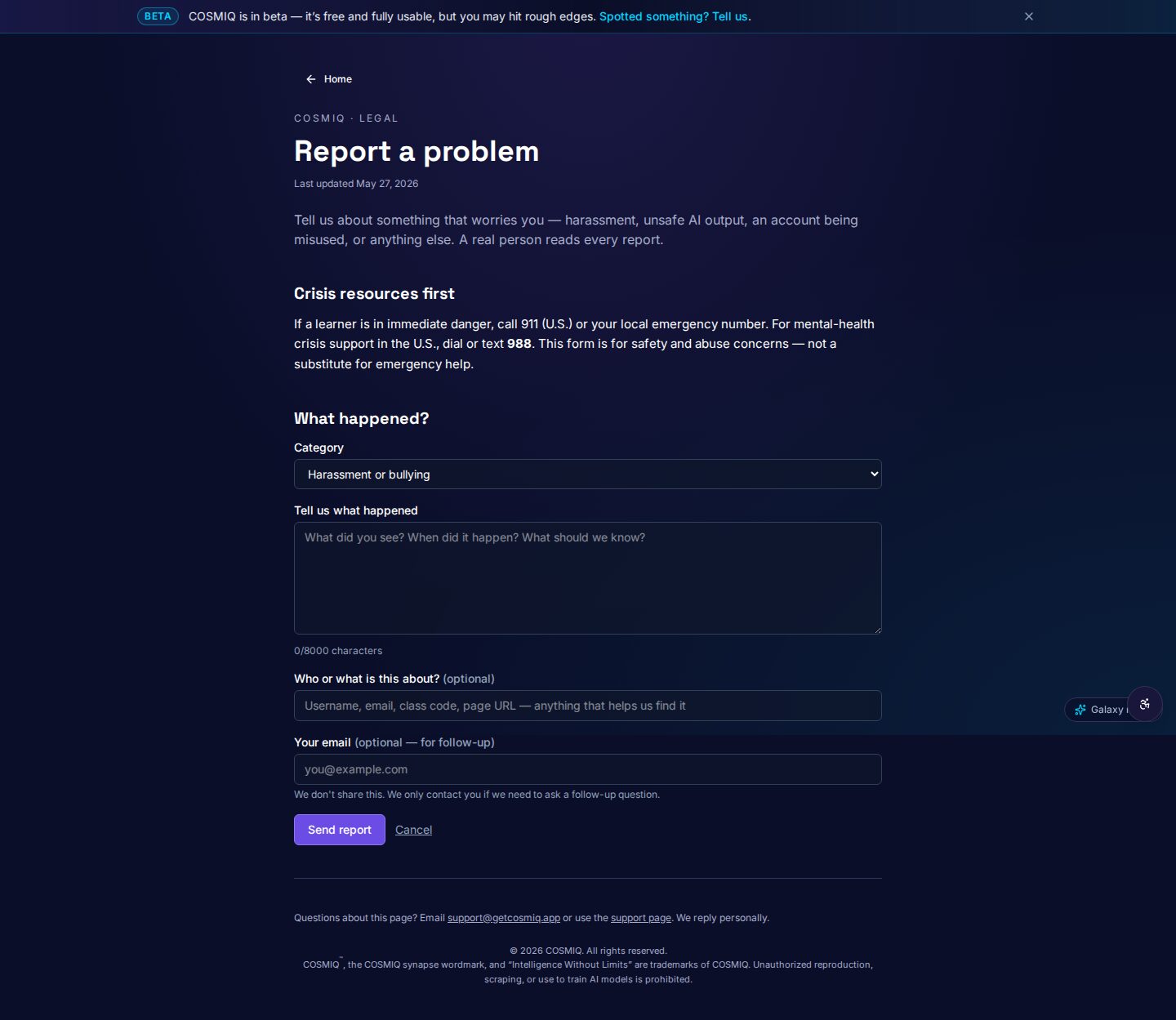 COSMIQ — Report an issue