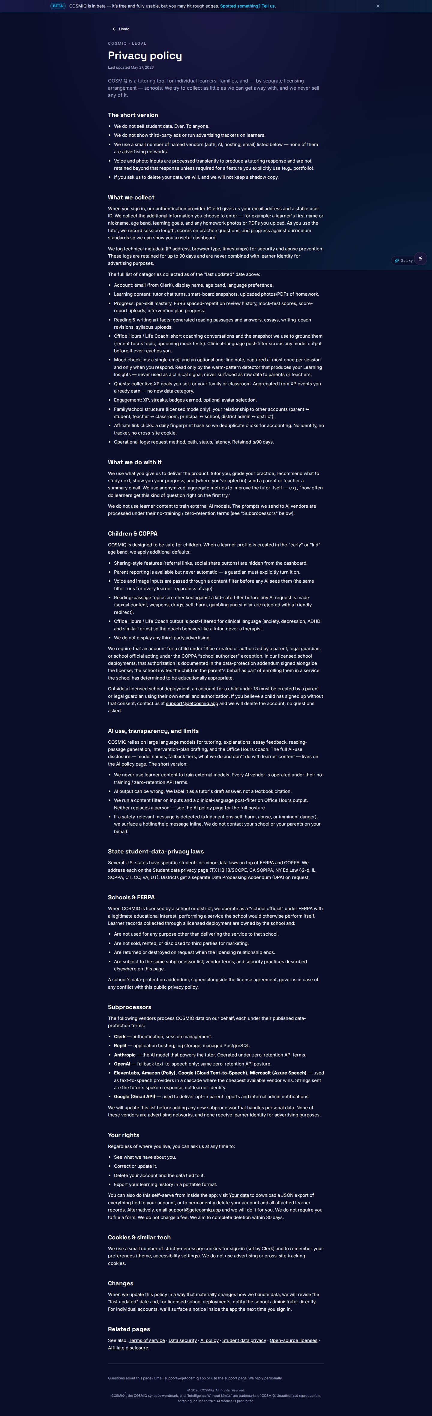 COSMIQ — Privacy policy