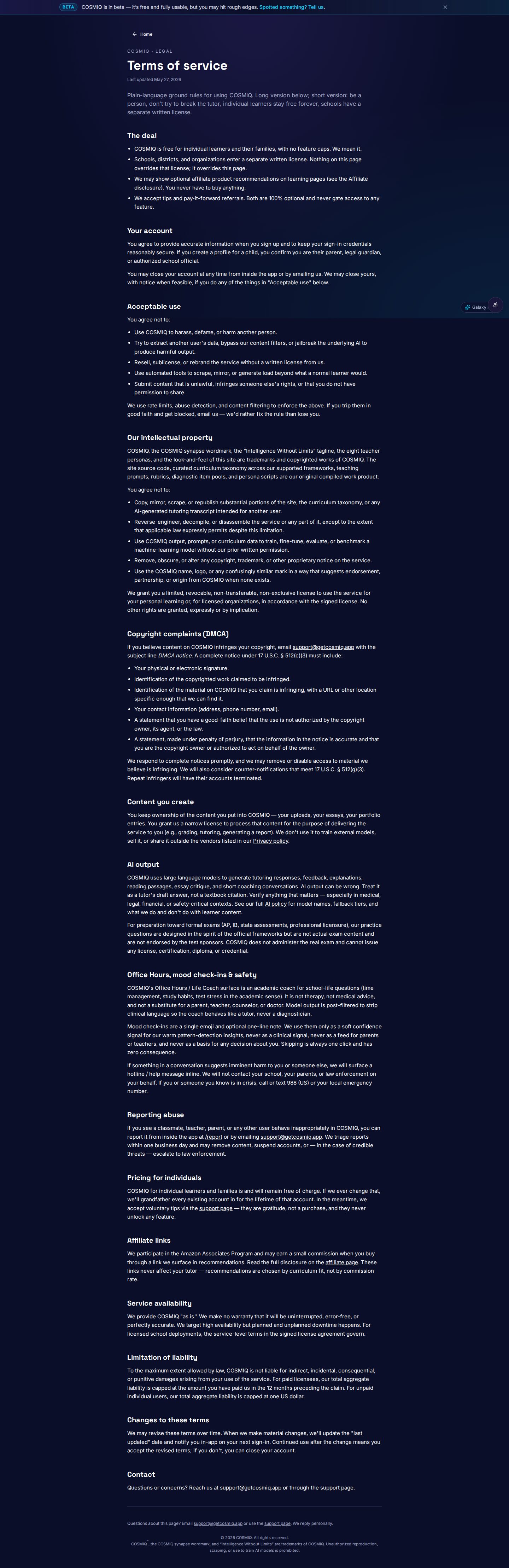 COSMIQ — Terms of service