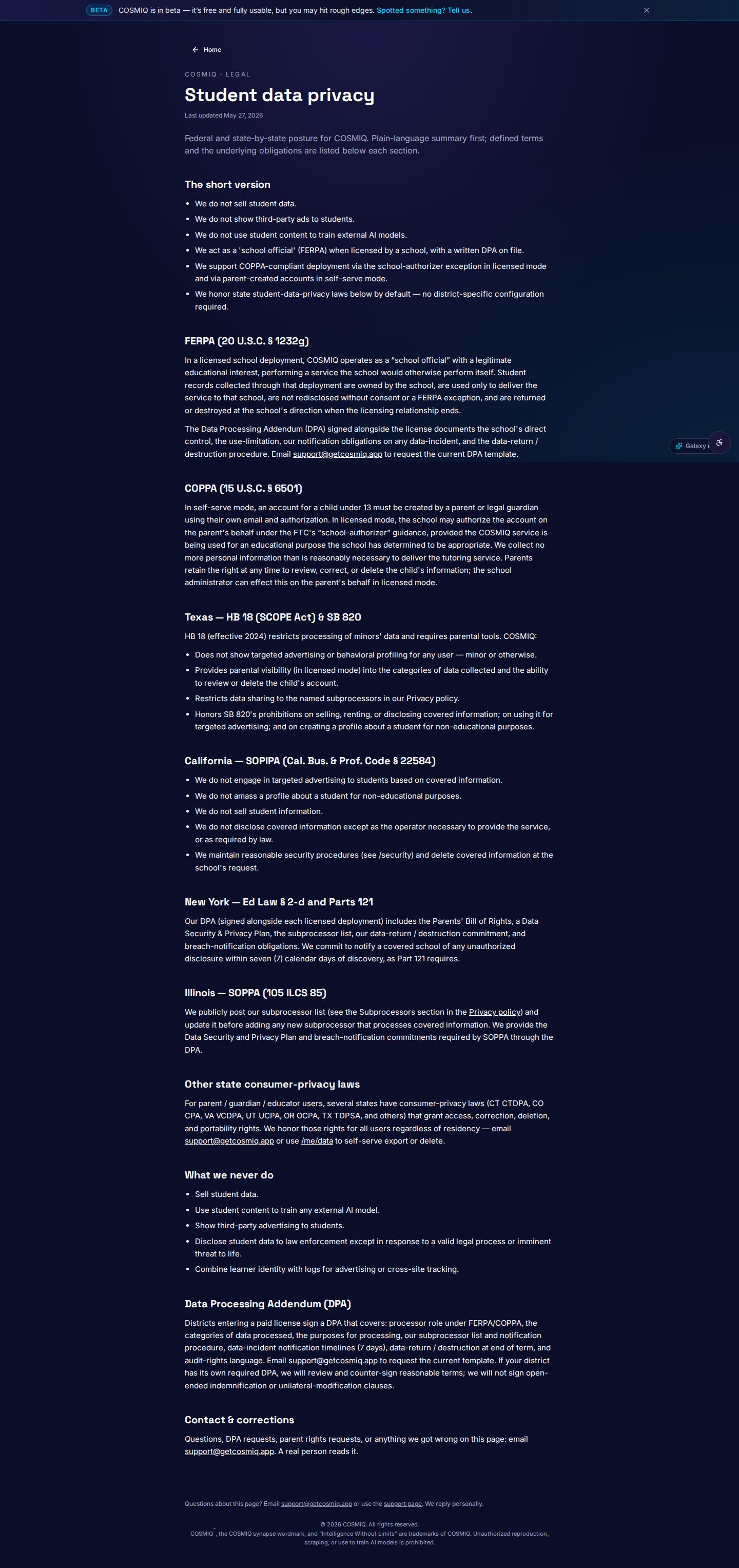 COSMIQ — Student data privacy
