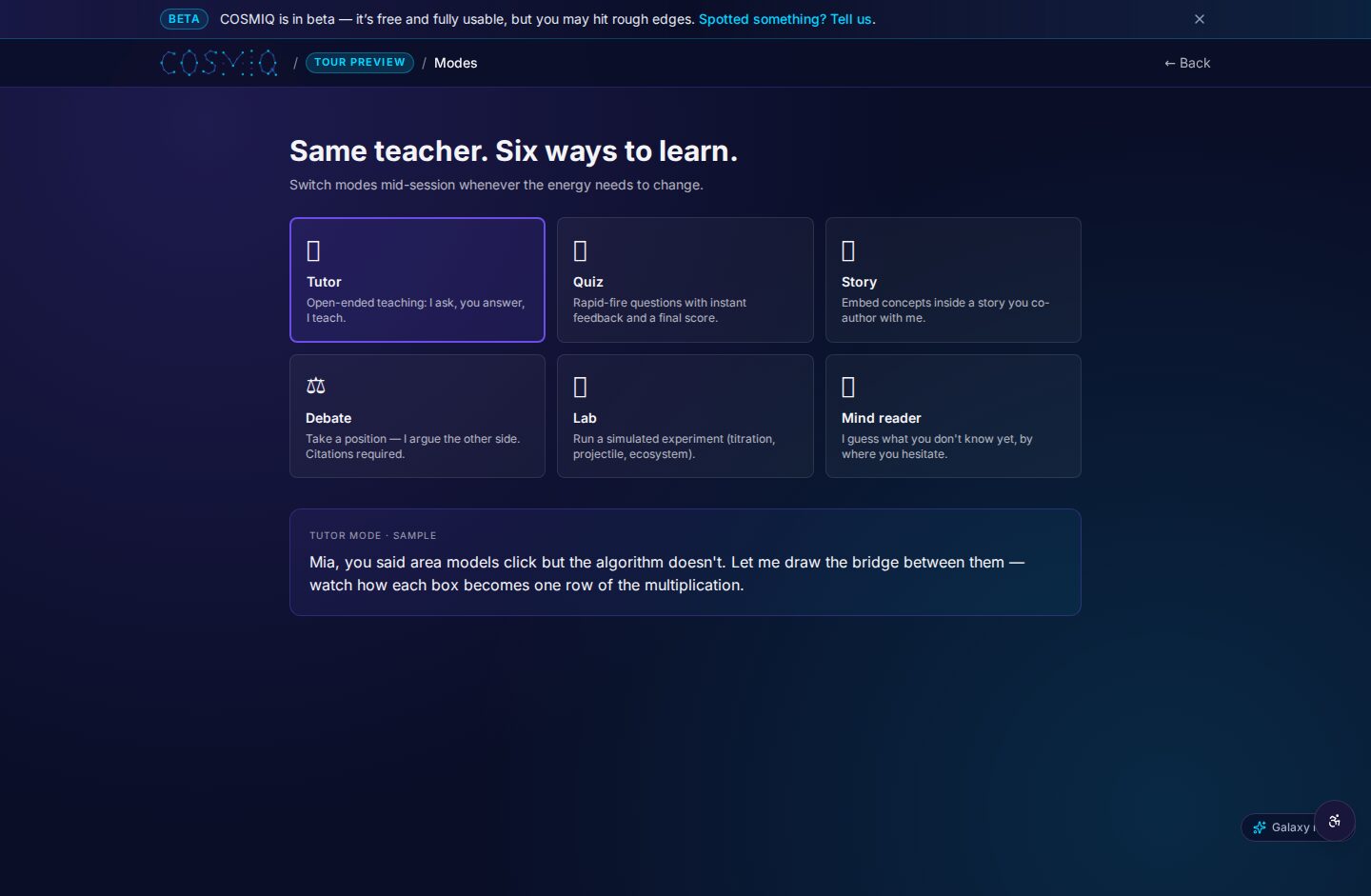 COSMIQ — Demo — Learning modes