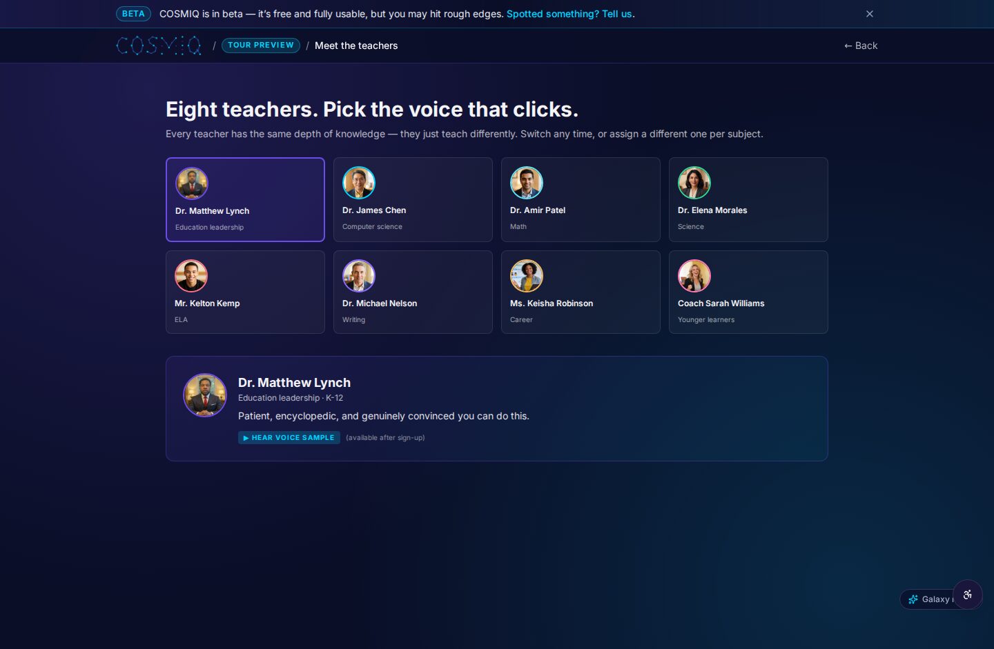 Choosing a COSMIQ teacher persona